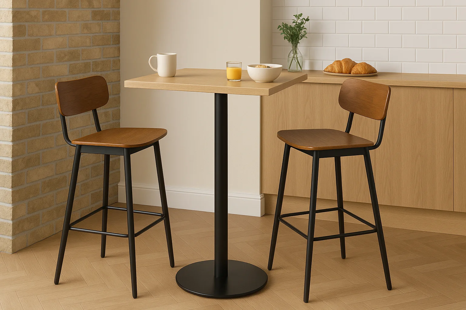 Kovová centrálna noha na stôl v bistro interiéri s barovými stoličkami