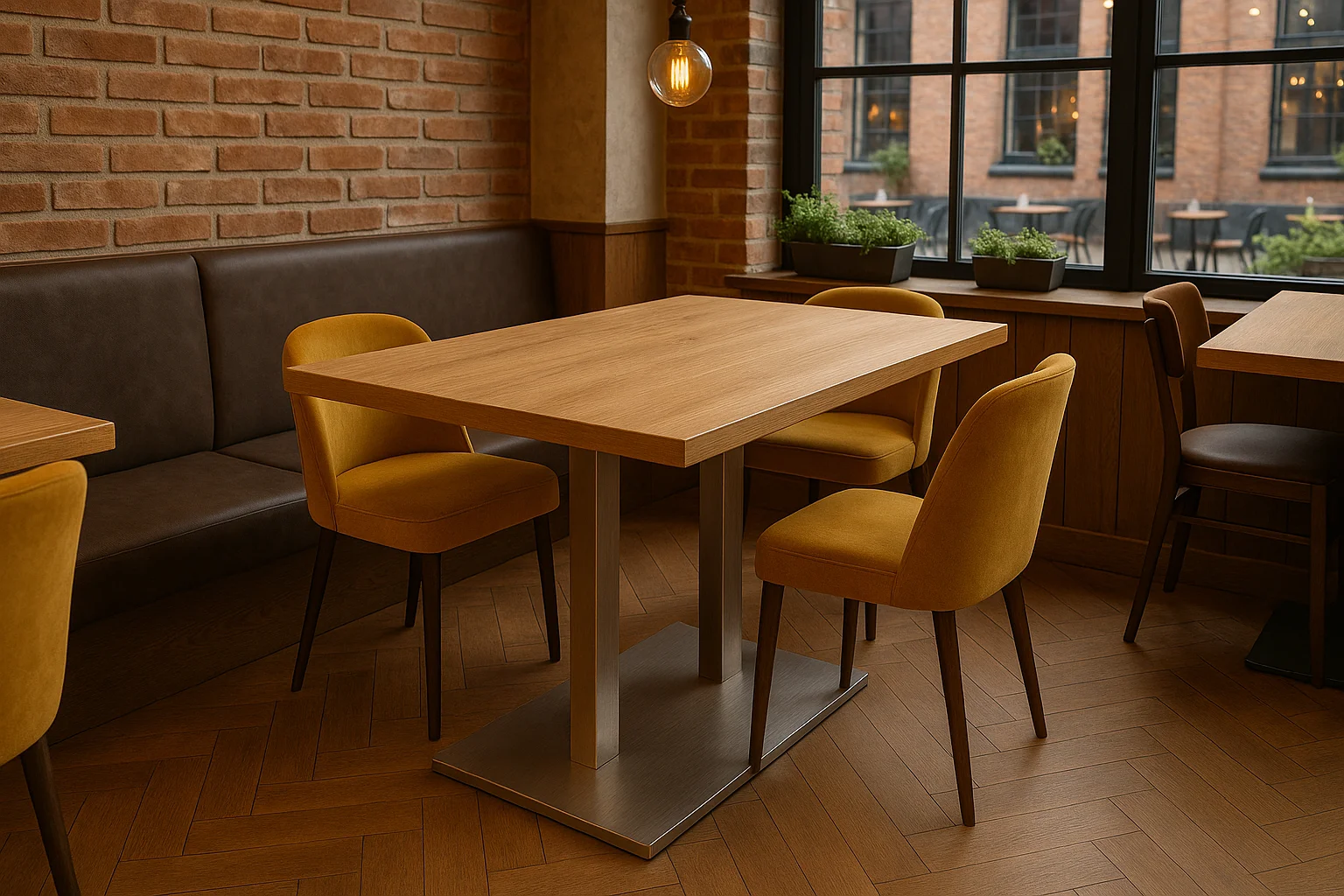 Stolová nerezová podnož v modernej reštaurácii s drevenou doskou a čalúnenými stoličkami