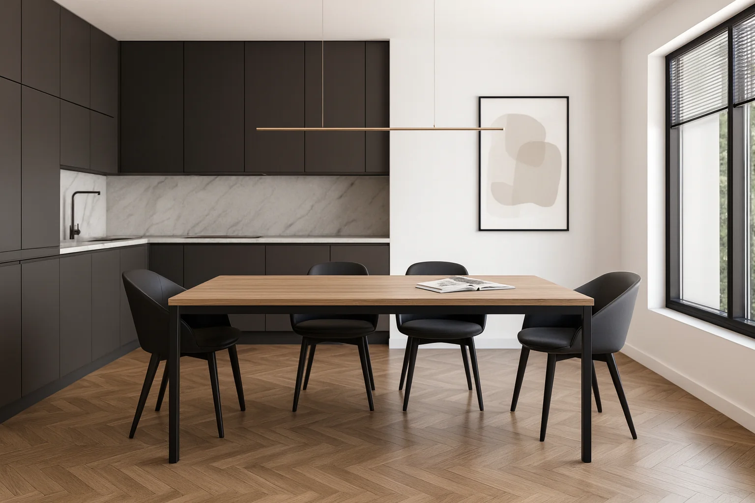 Moderný jedálenský stôl s masívnou doskou a kovovými nohami