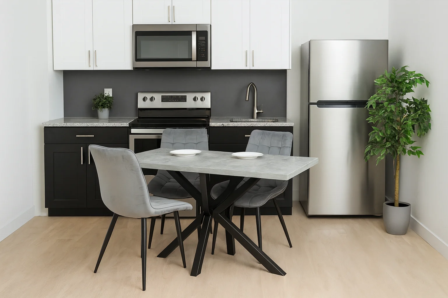 Kovové nohy na stôl v tvare hviezdy v modernej kuchyni s betónovou doskou