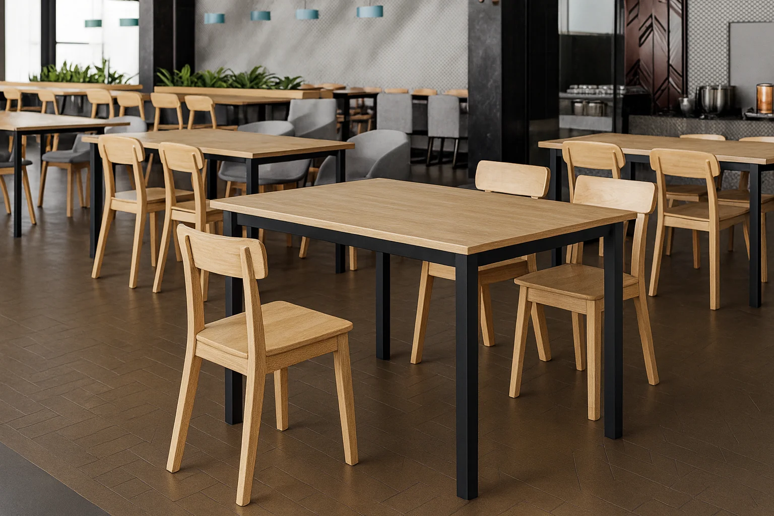 Stolové nohy s kovovou konštrukciou v priestrannej reštaurácii s dreveným nábytkom