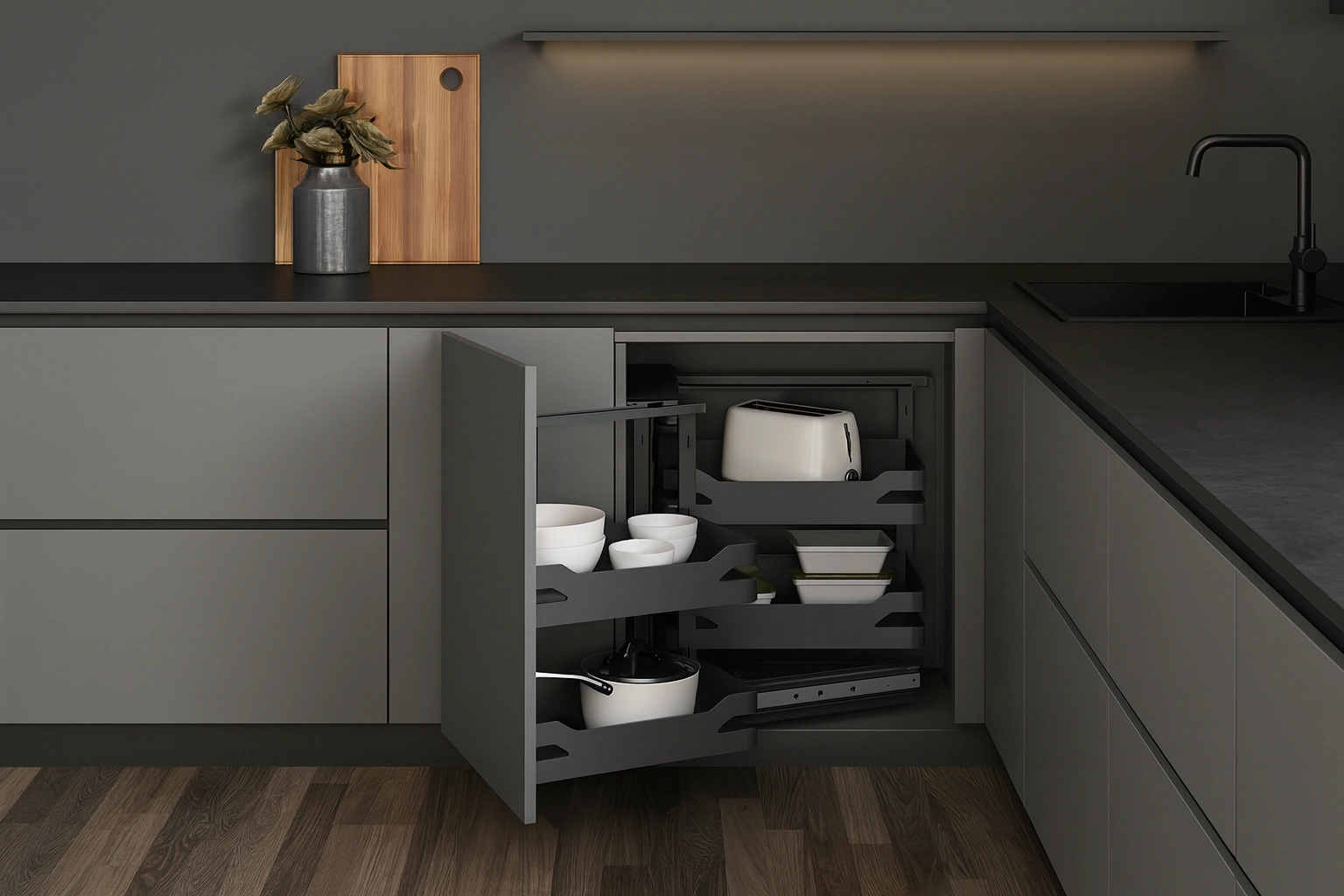 V�suvn� rohov� k�� Magic Corner do kuchynskej skrinky � antracitov� syst�m s tlmen�m dovieran�m.